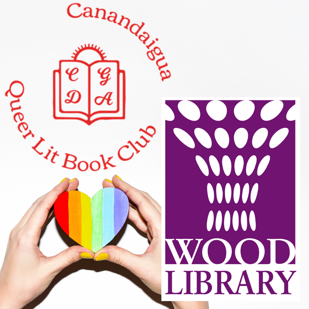 the Canandaigua Queer Lit book club logo with the Wood Library logo
