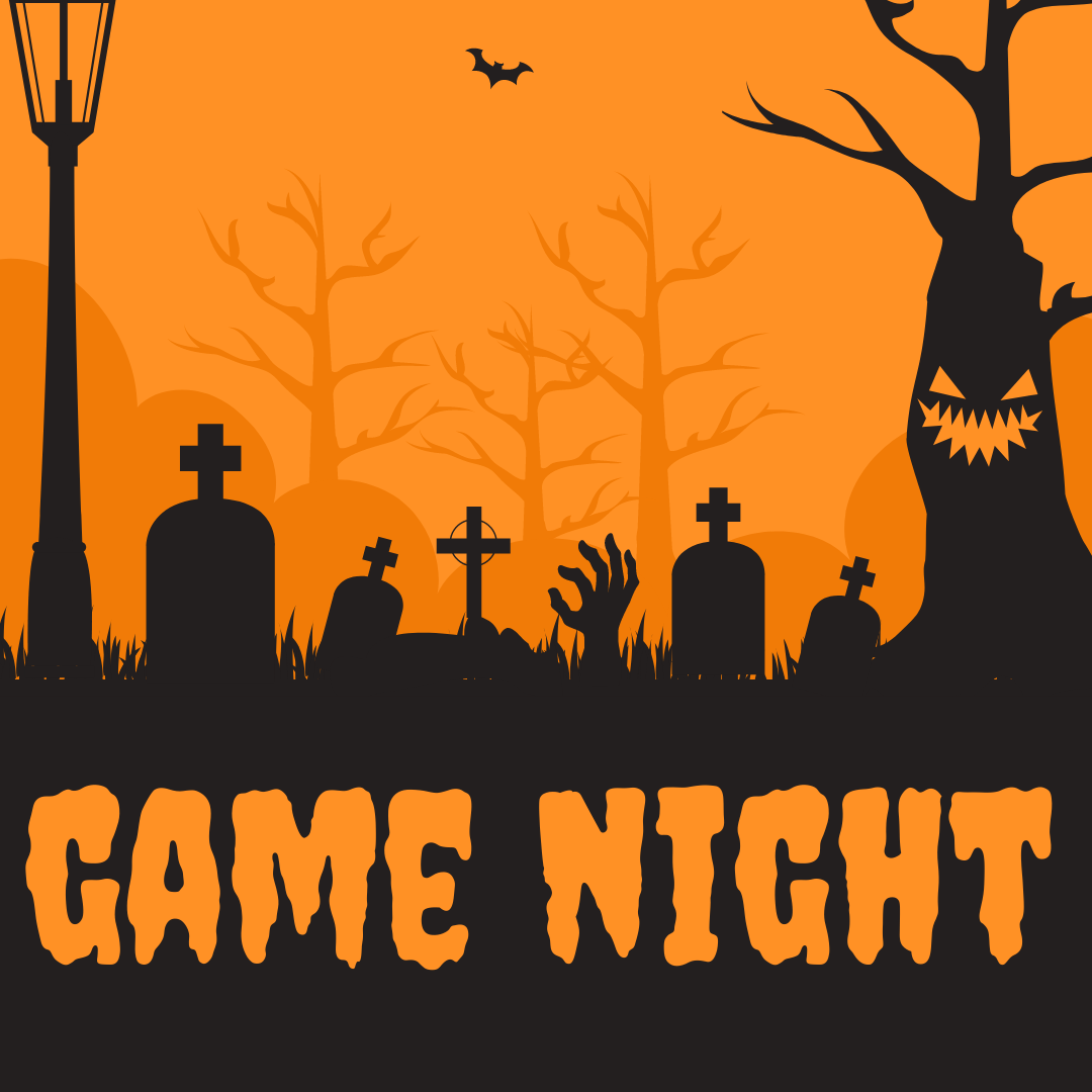 Game night in orange creepy writing with cemetery above.