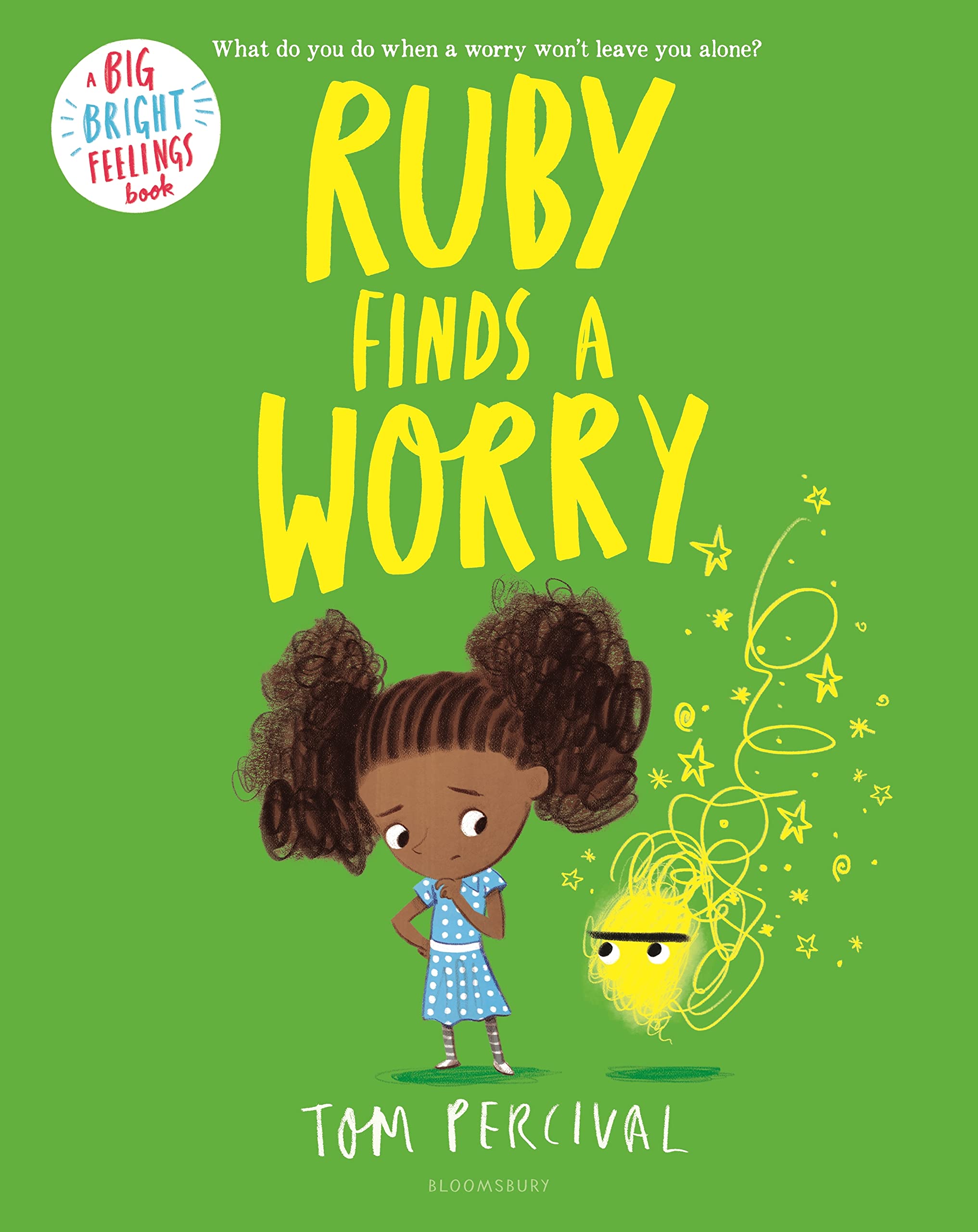 Book's cover with young girl with a yellow scribble that represents her worries.