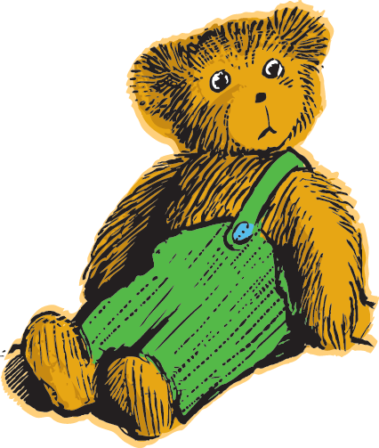 Toy bear wearing green corduroy overalls that are missing a button