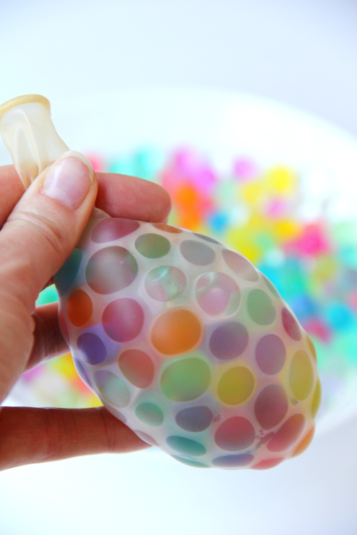 A clear balloon is filled with multi-colored water beads to make a squeezable puffer fish.
