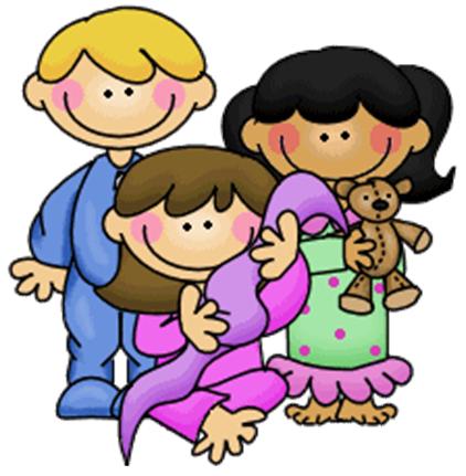 3 pajama-clad children; one holds a teddy bear and one has a blanket