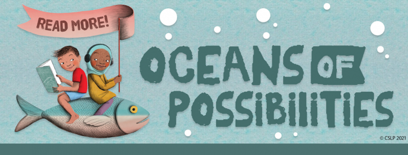 Oceans of Possibilities banner with children sitting on a fish reading