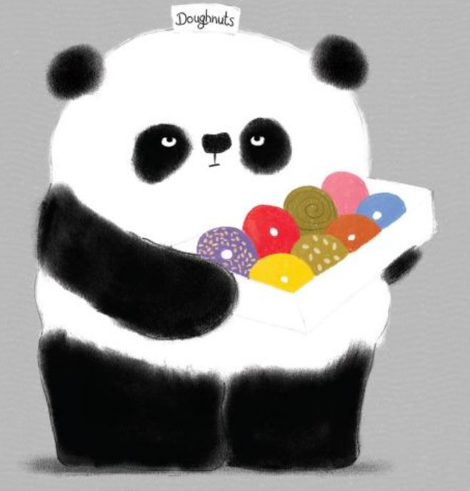 Panda wearing a hat that reads :doughnuts" and carrying a box of colorful doughnuts