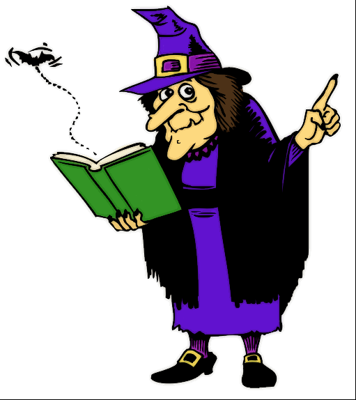 witch reading a book with a bat flying out of it