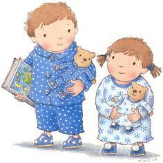 Young boy with a book and girl with a teddy bear wearing pajamas