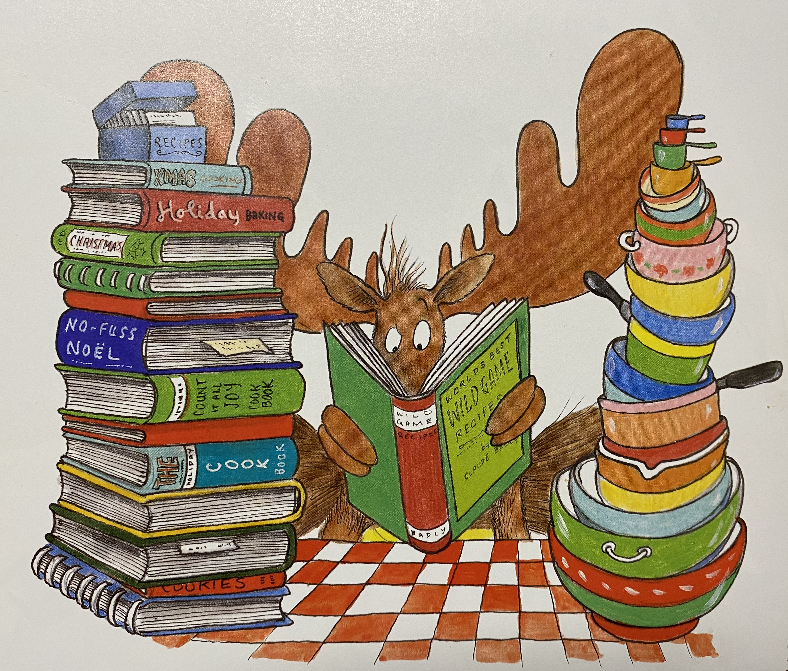 Moose reading and surrounded by piles of books