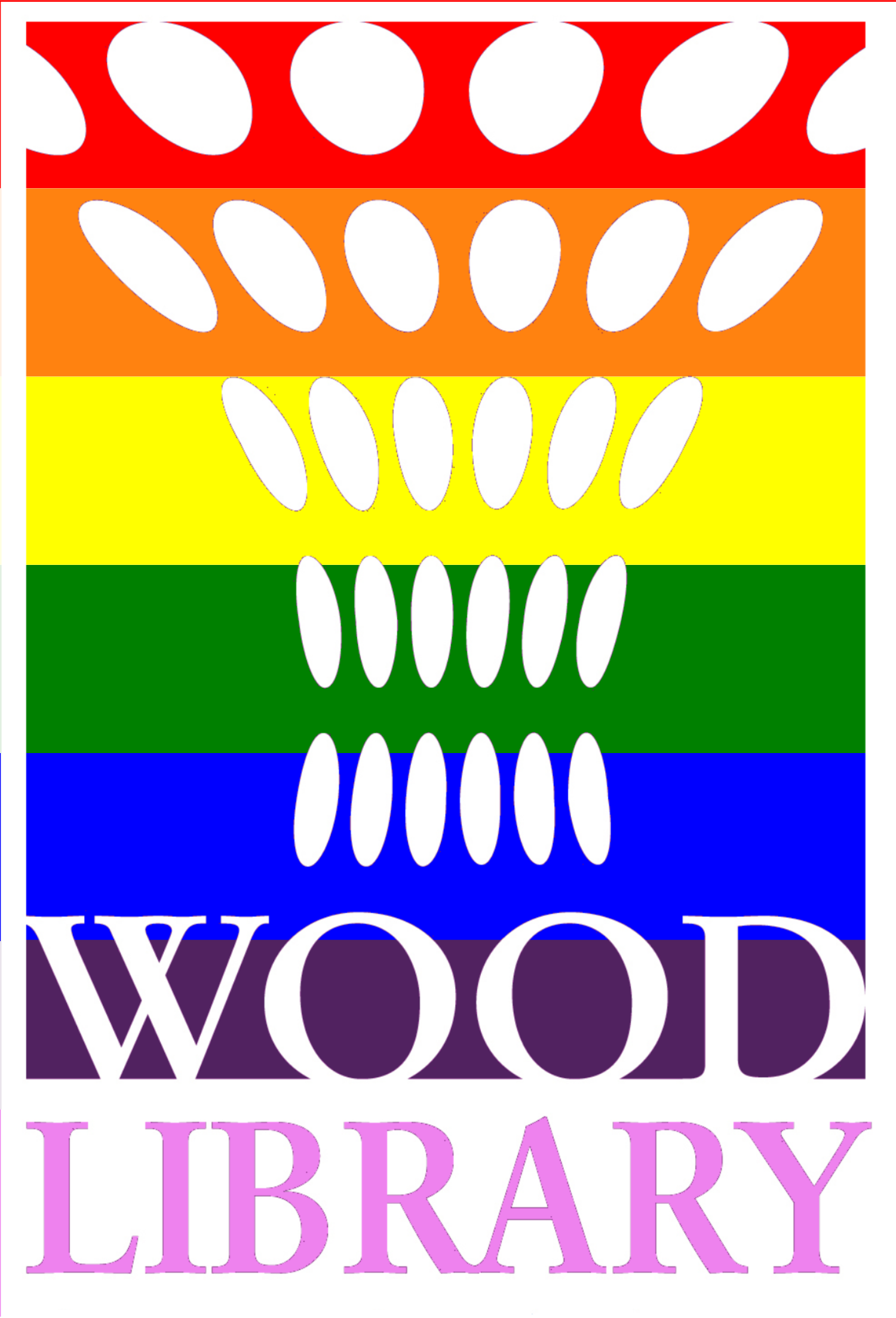 Wood Library Logo with a rainbow background