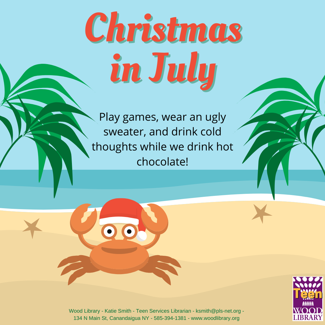 Christmas in July with palm trees and a crab wearing a santa hat