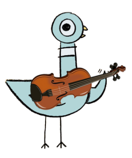 The pigeon character from the books by Mo Willems is holding a violin