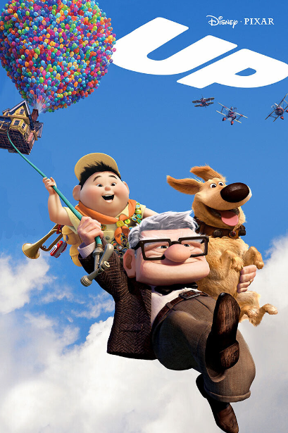 An old man, a young scout, and a dog are flying through the air holding a huge bunch of balloons.