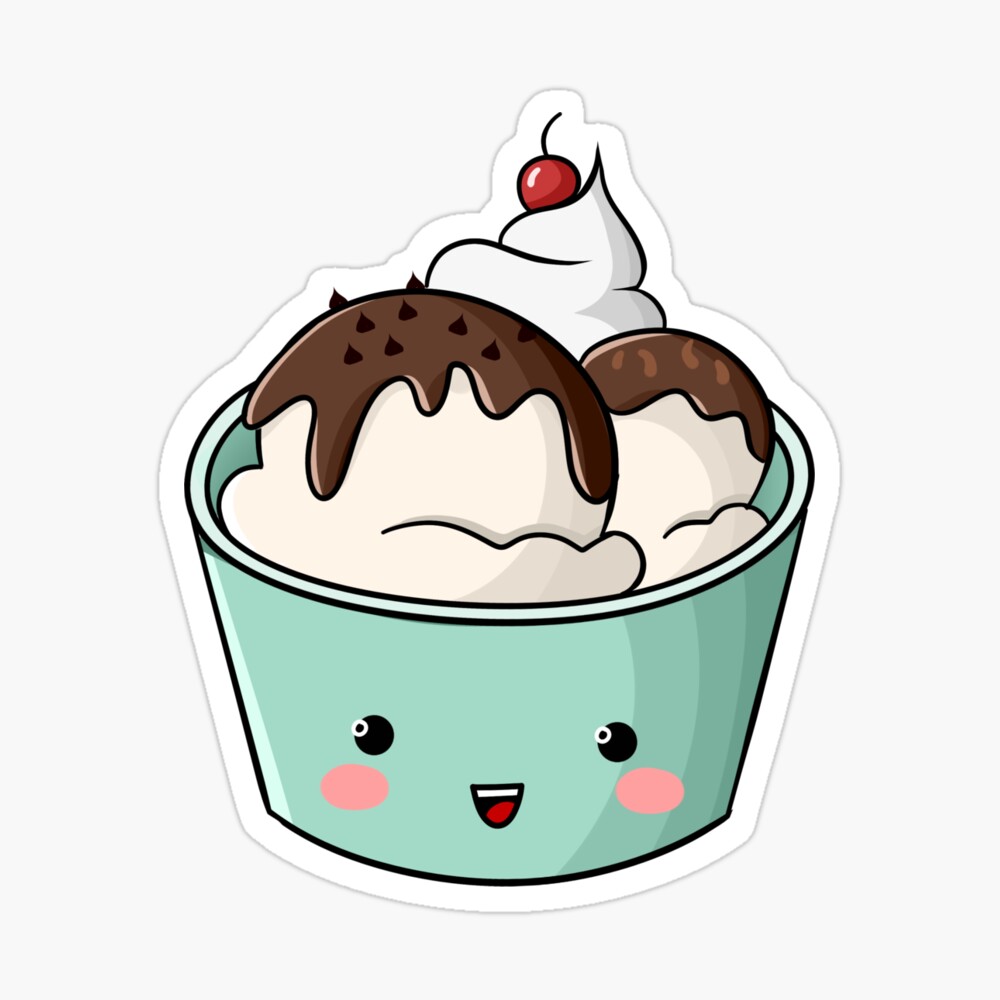 A smiling aqua bowl with vanilla ice cream, chocolate sauce, whipped cream and a cherry 