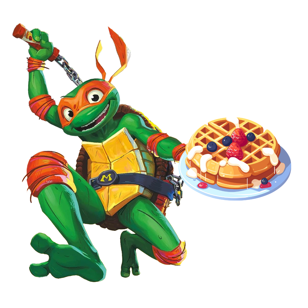 Ninja Turtle Michelangelo holding a waffle