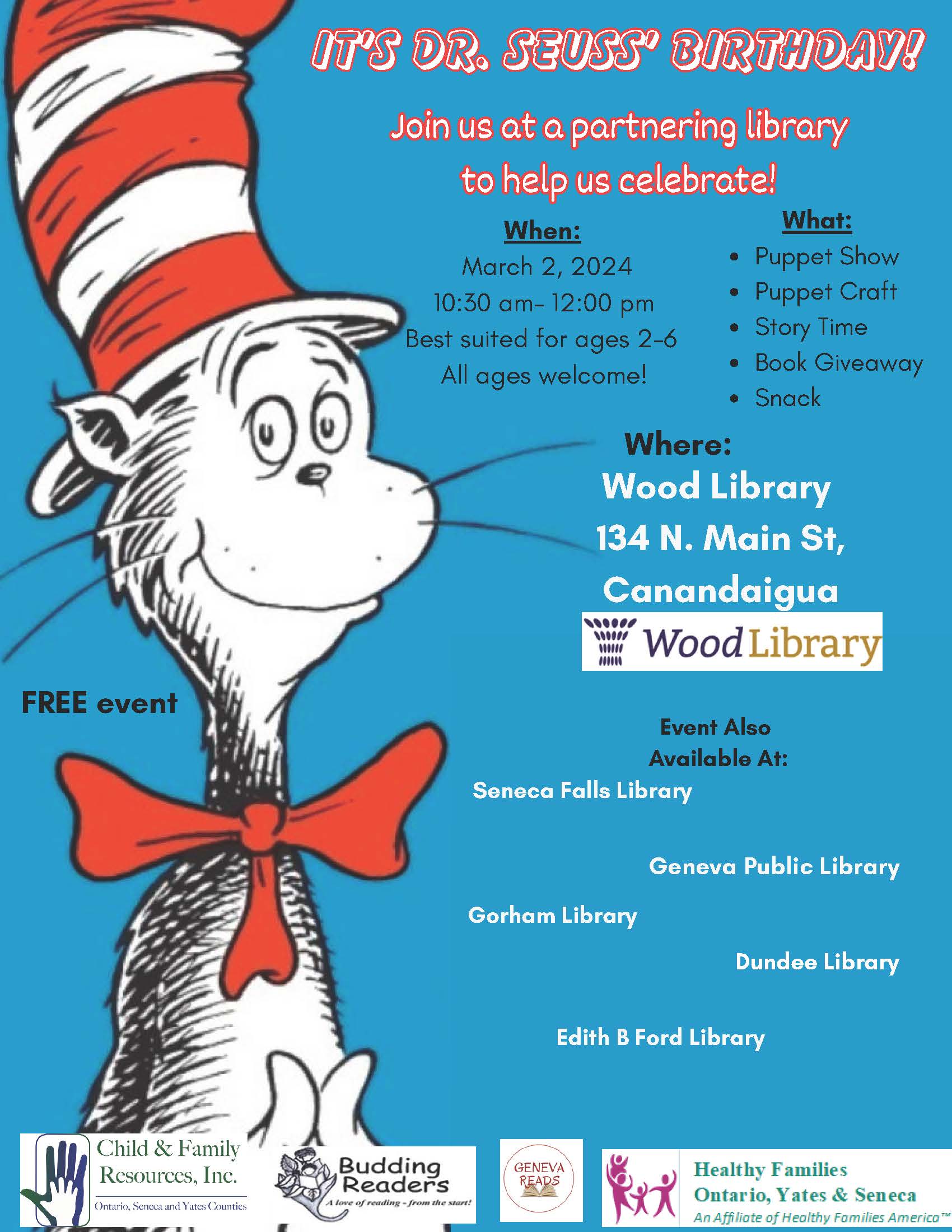 Dr. Seuss's Cat in the Hat character with program information details