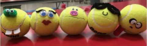 A row of 5 tennis balls with fun facial features 