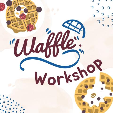 Waffle Workshop in the center with two waffles in the top left and bottom right corners.