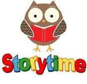 Owl with red book standing on the word Storytime