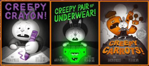 the covers of Aaron Reynolds 3 Creepy books: Creepy Crayon, Creepy Pair of Underwear, and Creepy Carrots