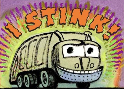 A smiling, dirty garbage truck from the cover of the book I Stink 
