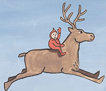 Young boy in a red-hooded snowsuit riding a reindeer