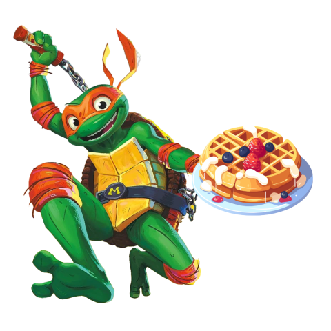 Ninja Turtle Michelangelo holding a waffle