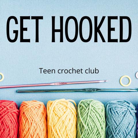 Get Hooked teen crochet club with different colored yarn along the bottom.