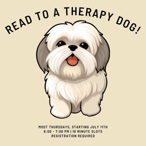 Read to a therapy dog, with cartoon of a shih tzu.