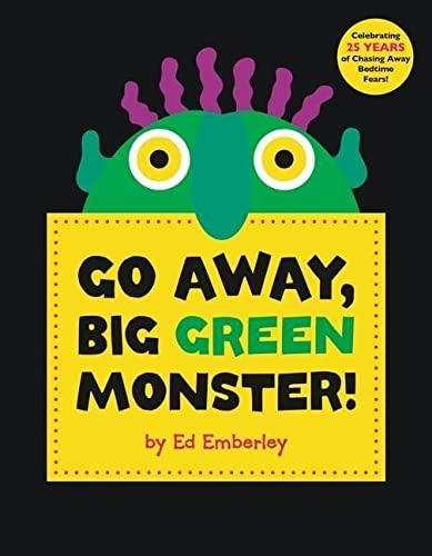 Green monster with purple hair is peeking over a yellow box with book title inside